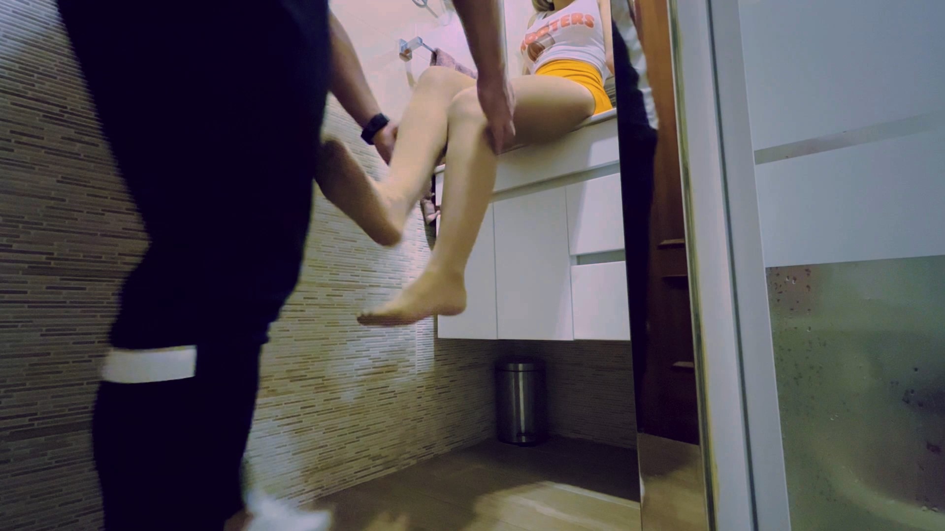 Taking socks off o hooters waitress in suntan pantyhose